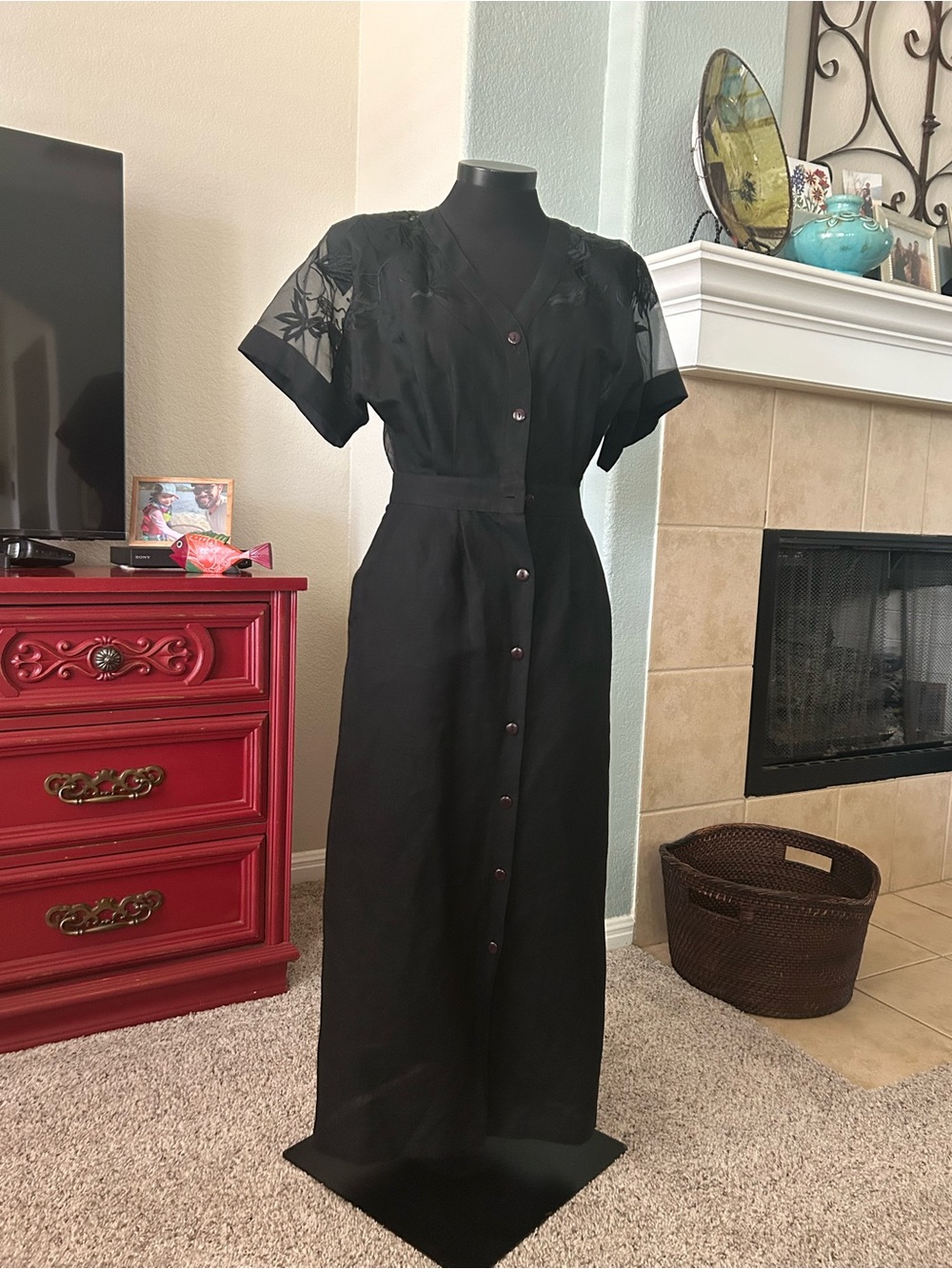 Maritza Classic Black Button-Front Maxi Dress with Sheer Embroidered Sleeves.